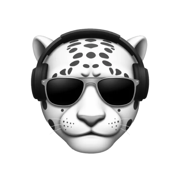 white jaguar dj, emoji head, looking forward, wearing cool sunglasses, wearing over-ear headphones on top of head tiktokemojis