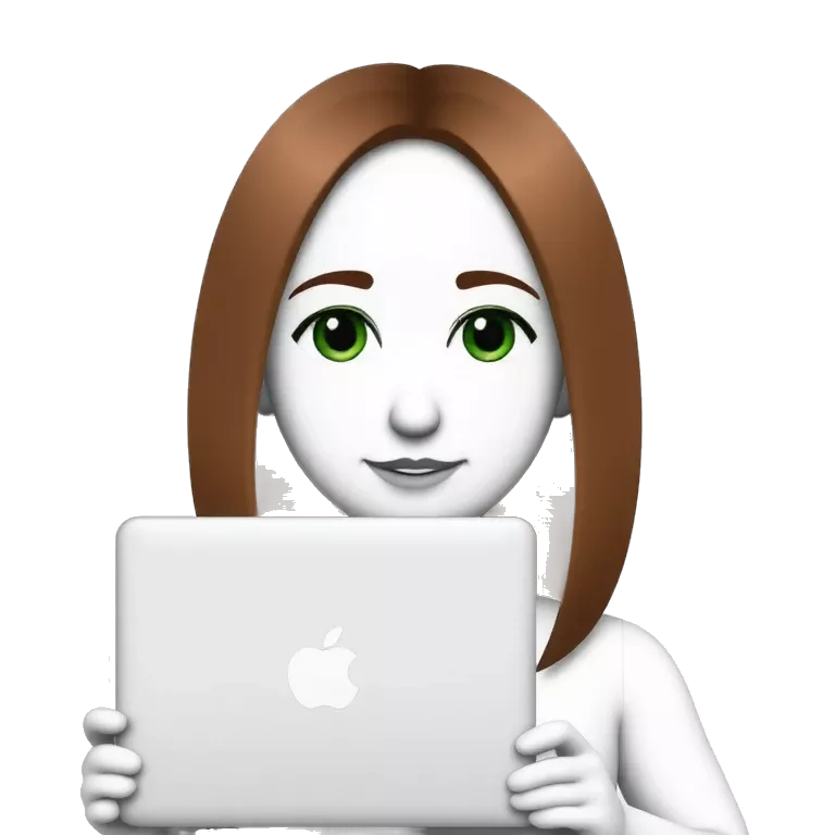 Create me a girl with a square cut, brown hair, with green clove and white skin with a laptop tiktokemojis