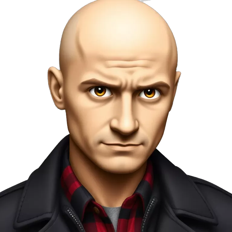 young man,  tan, bald head, with black tendrils in his ears, goatee, angry or upset, wearing a Venezuelan flannel, wearing a black motorcycle jacket. tiktokemojis