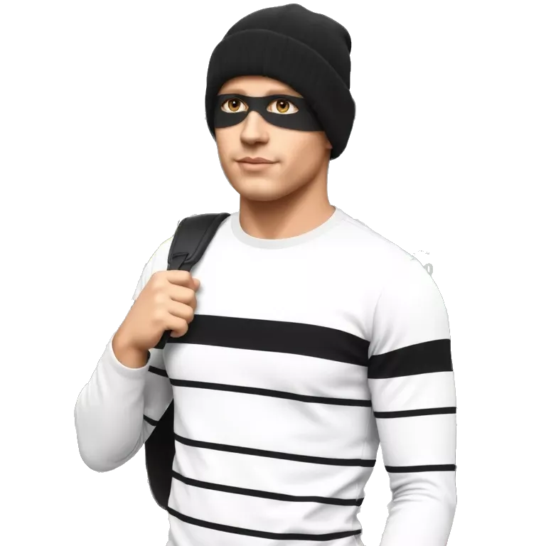 robber with blonde hair wearing a black beanie and a long sleeved white and black horizontally striped t-shirt and wearing black eye mask and holding a bag of money in their left shoulder tiktokemojis