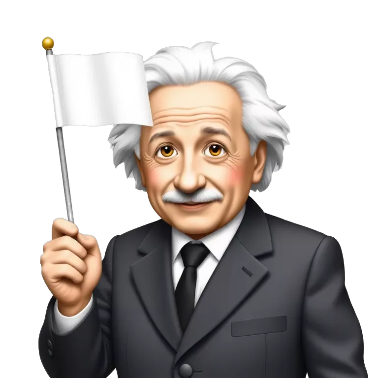 happy albert einstein holding black and white finish flag in one hand
