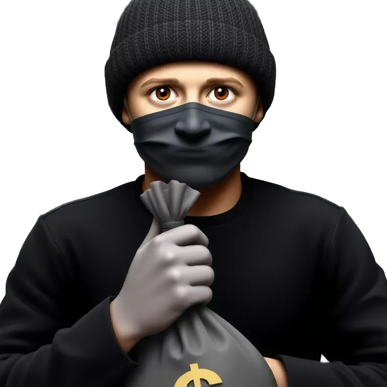 Robber with black prison outfit and black beanie with money bag