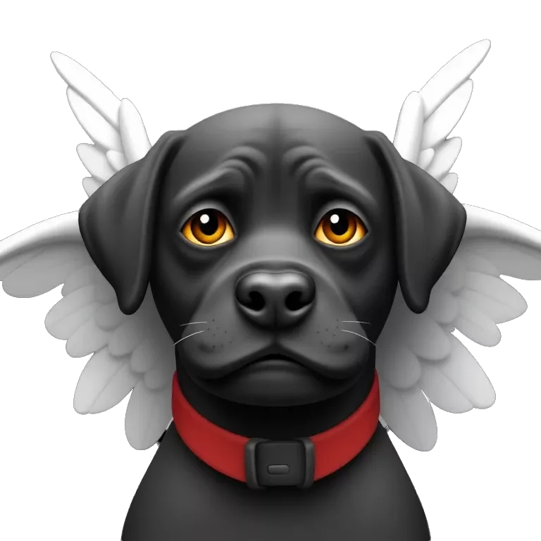 black dog, big jowls, sad puppy eyes, wings, winged dog, angel wings,red collar