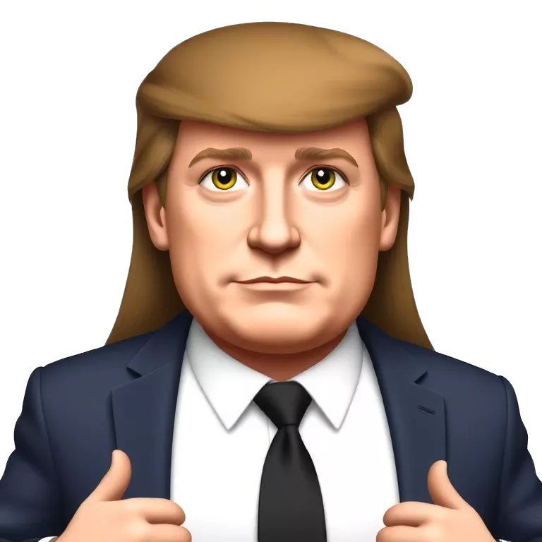 young slim donald trump with long dark brown middle parted hair and dark green tired eyes slim curvy body huge boobs emoji front facing