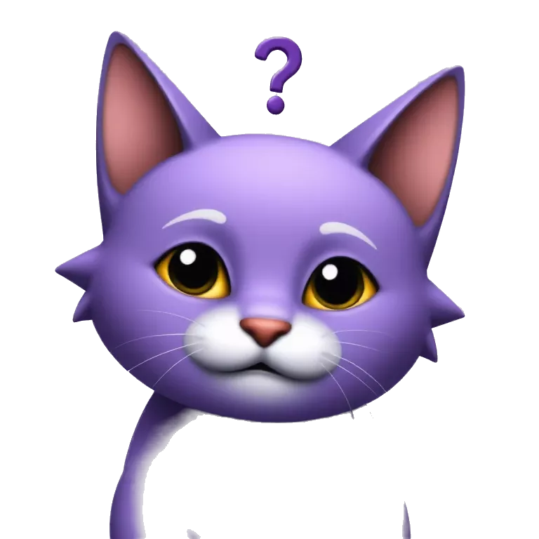 A puzzled purple cat with a tilted head, quirky question mark above