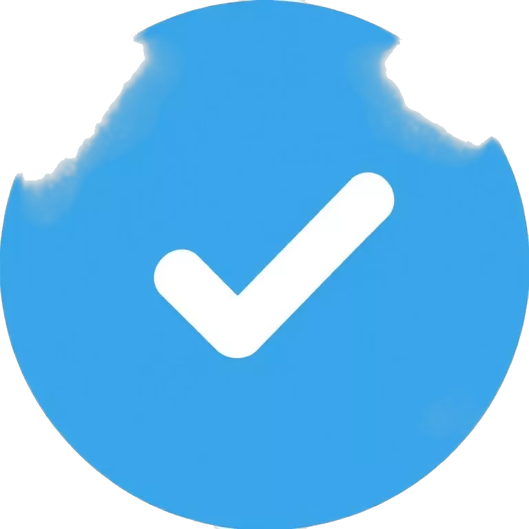 A small circular blue badge with a bold white check mark in the center. Clean, flat design with no shadows or gradients. Similar to Facebook’s verified icon. The checkmark should be centered and proportionate. Transparent background, official and simple style.