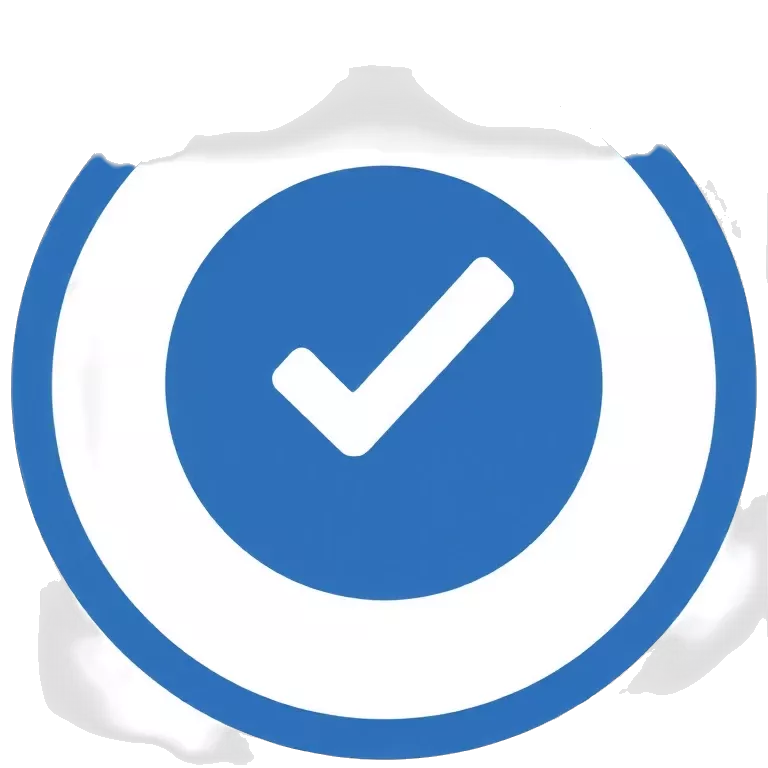 A small circular blue badge with a bold white check mark in the center. Clean, flat design with no shadows or gradients. Similar to Facebook’s verified icon. The checkmark should be centered and proportionate. Transparent background, official and simple style.