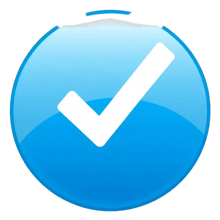 A small circular blue badge with a bold white check mark in the center. Clean, flat design with no shadows or gradients. Similar to Facebook’s verified icon. The checkmark should be centered and proportionate. Transparent background, official and simple style.