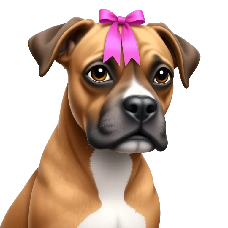 A boxer dog with a pink ribbon on her head