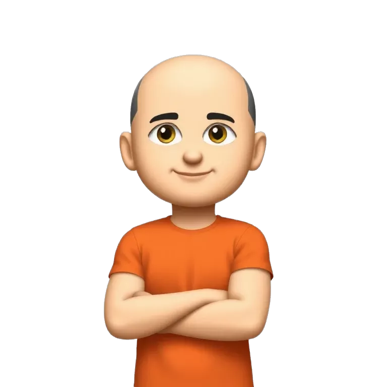 A cool character standing with confidence, wearing a orange t-shirt, short haircut