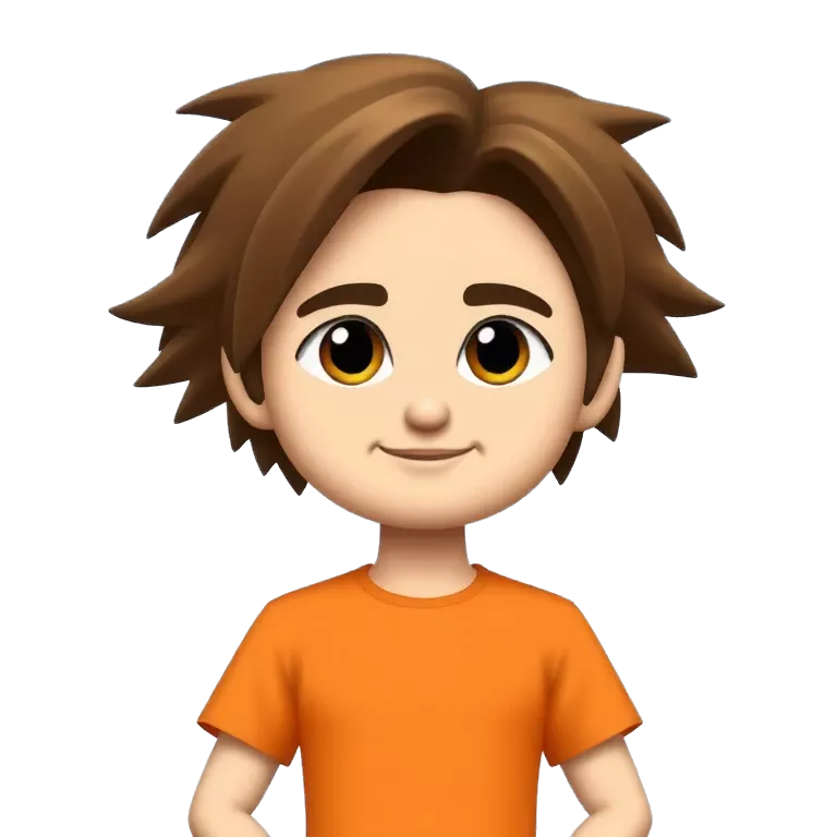 A cool character standing with confidence, wearing a orange t-shirt, short haircut