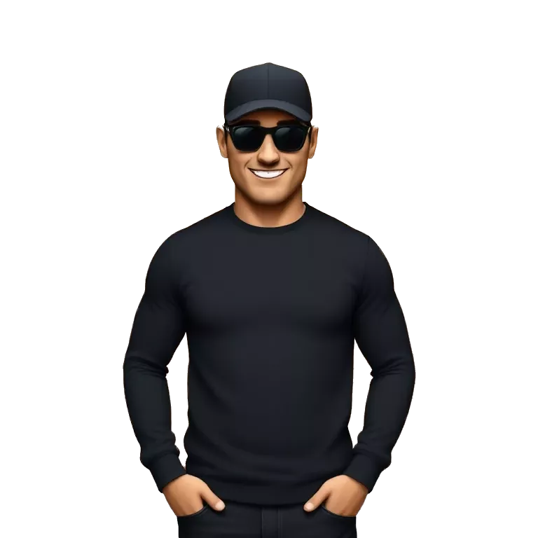 A cool character standing with confidence, wearing a black long-sleeve shirt, a dark cap. slightly tilted pose, with black s shirt with big smile. Background is a sunlit brick wall. Add black sunglasses,