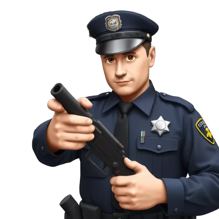 A realistic police officer in full uniform draws a taser and aims it with both hands. He shouts “TASER DEPLOYED!” just before pressing the trigger.