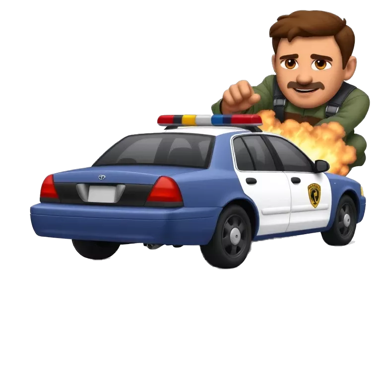 A cartoon-style police car performs a PIT maneuver, hitting the back corner of a suspect’s vehicle. The suspect&#039;s car spins out dramatically with smoke and tire screeches.