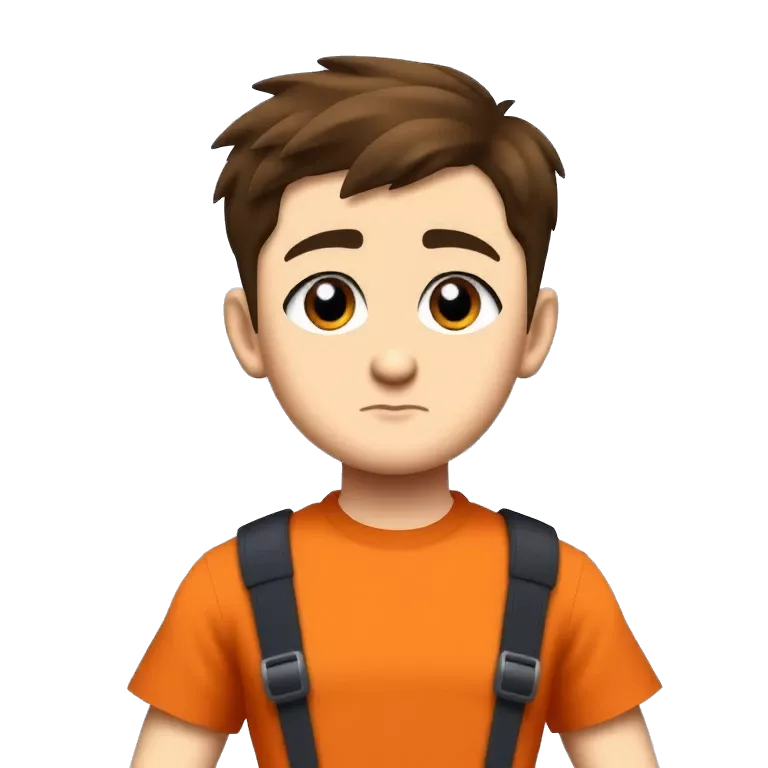 A cool character standing with confidence, wearing a orange t-shirt, short haircut
