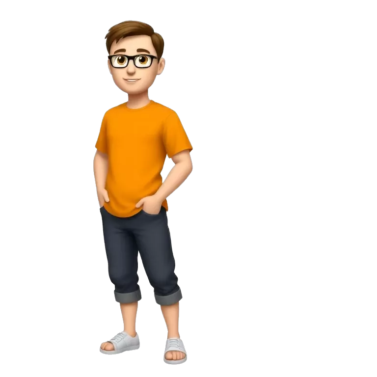 A cool character standing with confidence, wearing a orange t-shirt, short haircut
