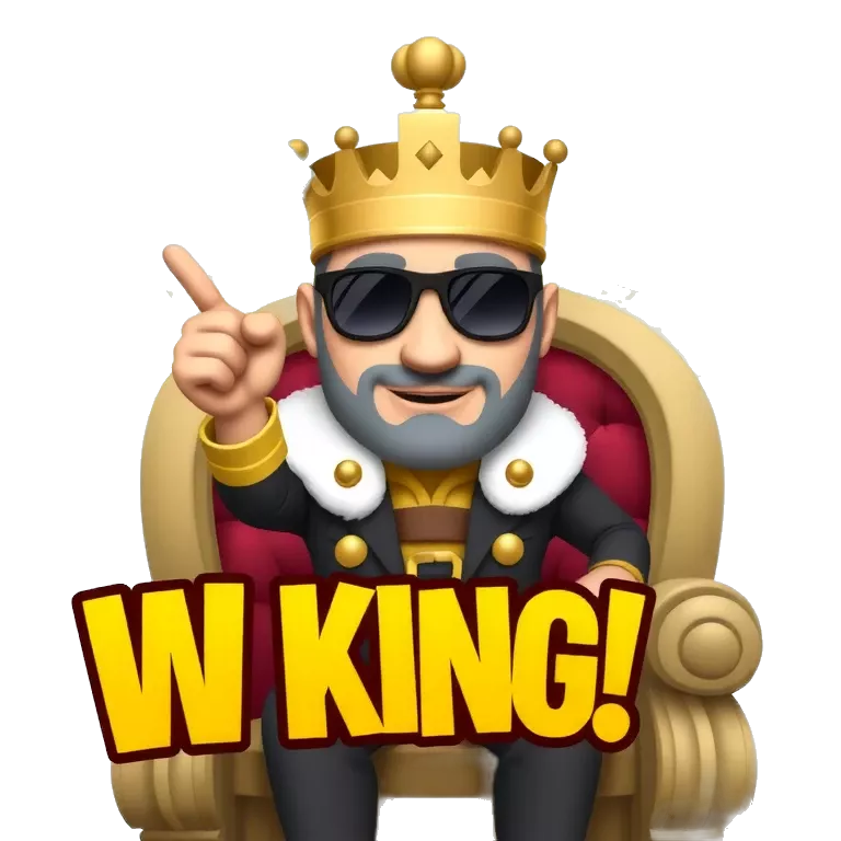 A cartoon-style king character wearing sunglasses and a crown made of gold dollar signs 💸 sits on a throne with the big letter “W” glowing behind him. He throws money in the air while pointing at the viewer and says: “W King!” in bold comic-style letters. .