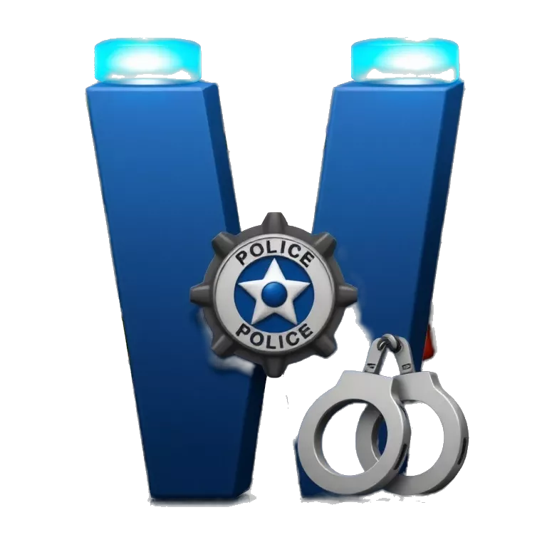 A bold 3D letter “W” glowing in blue and white, styled like police lights. Behind the W, flashing red and blue sirens illuminate a dark city background. A police badge is engraved into the letter, and a pair of handcuffs hangs off one side