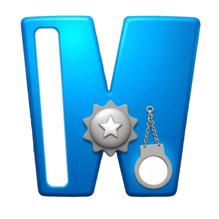 A bold 3D letter “W” glowing in blue and white, styled like police lights. Behind the W, flashing red and blue sirens illuminate a dark city background. A police badge is engraved into the letter, and a pair of handcuffs hangs off one side