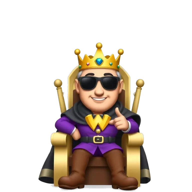 A cartoon king wearing sunglasses, a gold crown, and a cape sits on a diamond throne. He holds a glowing golden “W” in one hand and points at the viewer with the other. Above him, bold animated text appears: “W for FRED!” in flashy, comic-style letters.