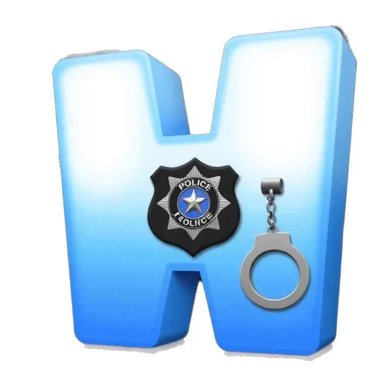 A bold 3D letter “W” glowing in blue and white, styled like police lights. Behind the W, flashing red and blue sirens illuminate a dark city background. A police badge is engraved into the letter, and a pair of handcuffs hangs off one side