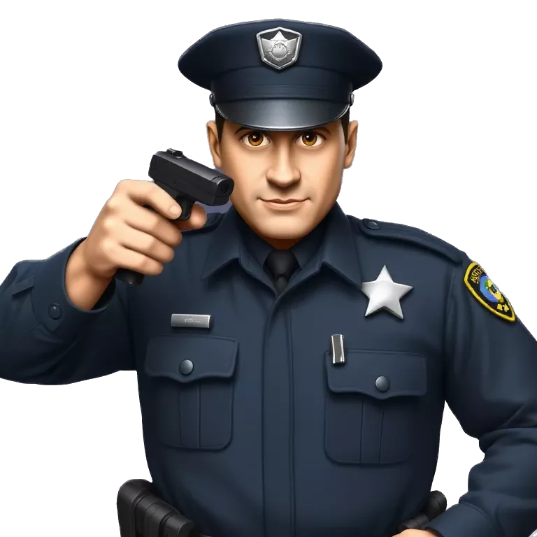 A realistic police officer in full uniform draws a taser and aims it with both hands. He shouts “TASER DEPLOYED!” just before pressing the trigger. Blue electric arcs spark from the taser.