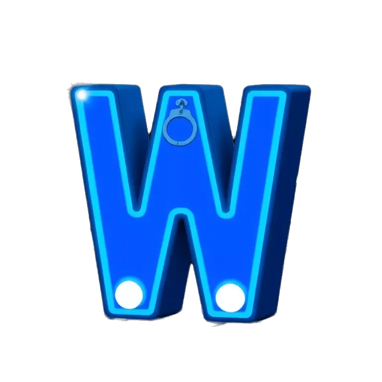 A bold 3D letter “W” glowing in blue and white, styled like police lights. Behind the W, flashing red and blue sirens illuminate a dark city background. A police badge is engraved into the letter, and a pair of handcuffs hangs off one side