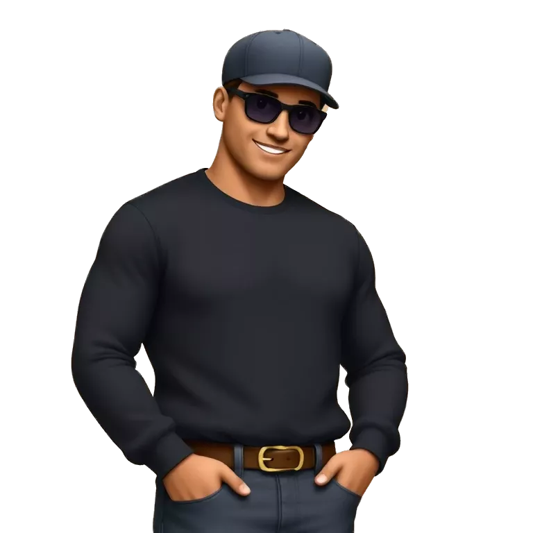 A cool character standing with confidence, wearing a black long-sleeve shirt, a dark cap. slightly tilted pose, with black s shirt with big smile. Background is a sunlit brick wall. Add black sunglasses,