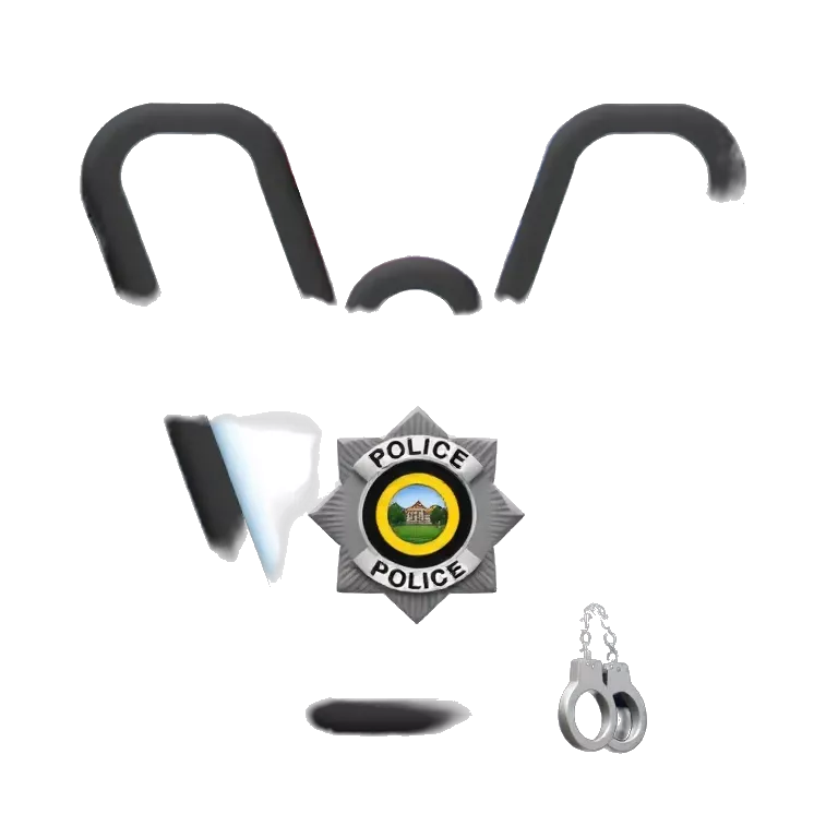 A bold 3D letter “W” glowing in blue and white, styled like police lights. Behind the W, flashing red and blue sirens illuminate a dark city background. A police badge is engraved into the letter, and a pair of handcuffs hangs off one side