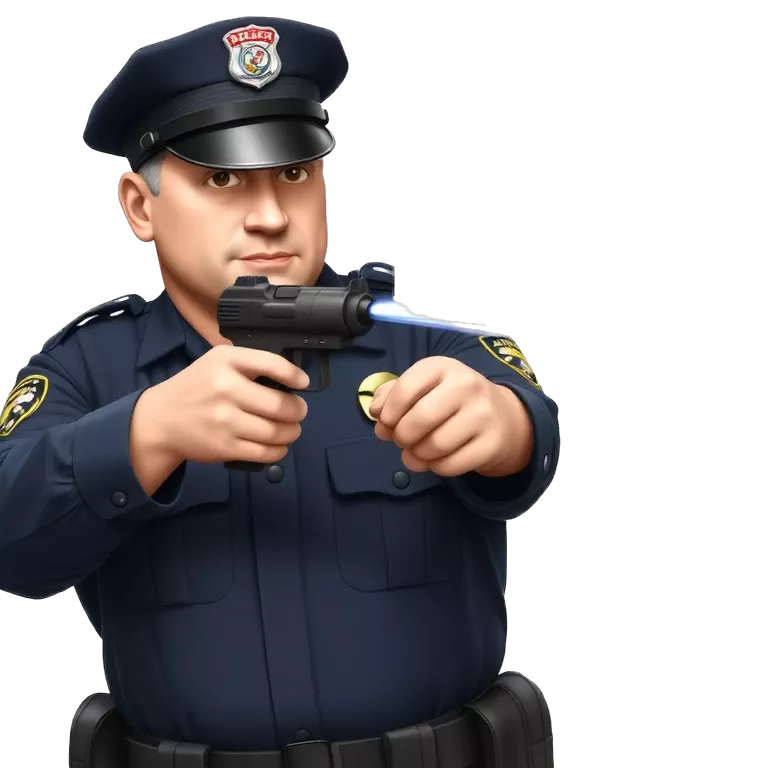 A realistic police officer in full uniform draws a taser and aims it with both hands. He shouts “TASER DEPLOYED!” just before pressing the trigger. Blue electric arcs spark from the taser.