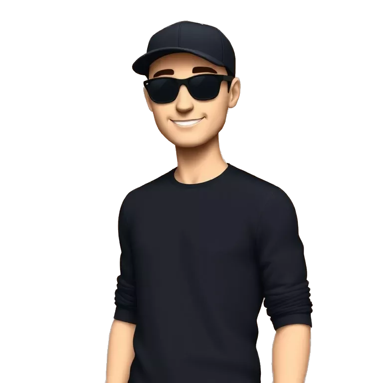 A cool character standing with confidence, wearing a black long-sleeve shirt, a dark cap. slightly tilted pose, with black s shirt with big smile. Background is a sunlit brick wall. Add black sunglasses,