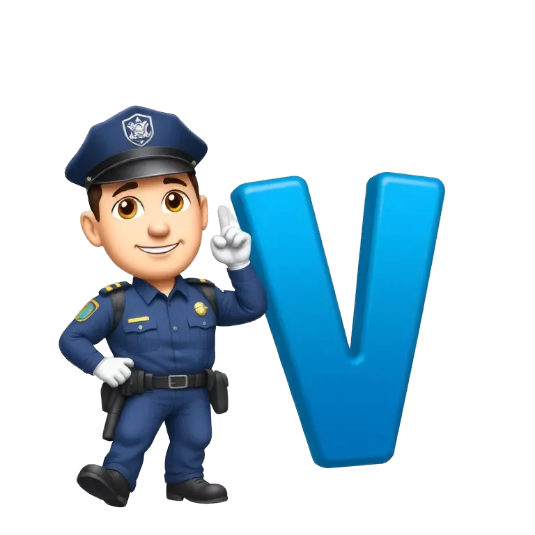 W letter blue police style cartoon