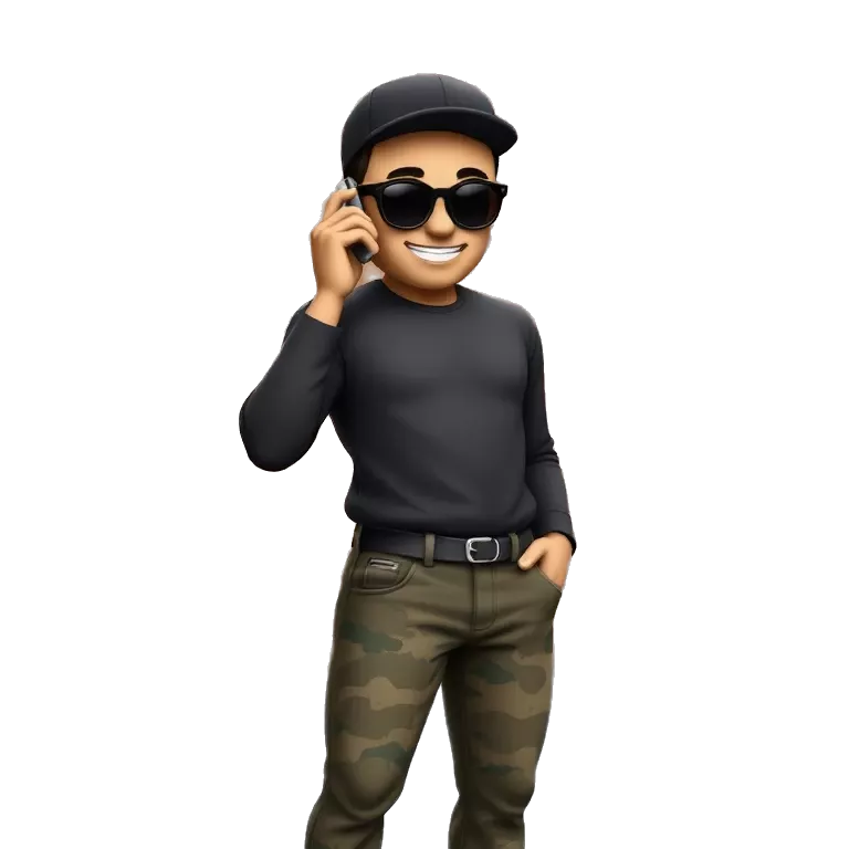 A cool character standing with confidence, wearing a black long-sleeve shirt, a dark cap, and colorful camo pants. He holds a phone to his ear like a boss, slightly tilted pose, with urban streetwear attitude. Background is a sunlit brick wall. Add sunglasses,
