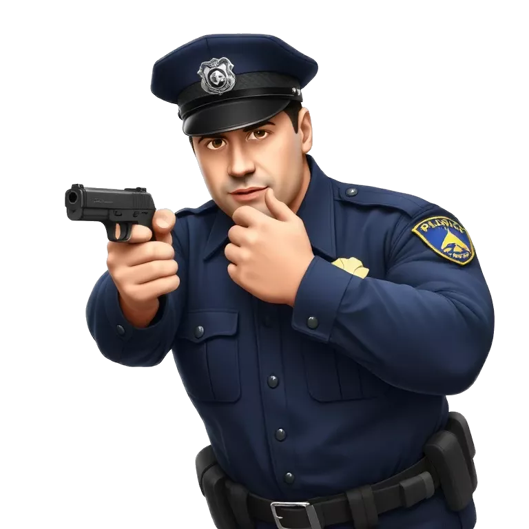 A realistic police officer in full uniform draws a taser and aims it with both hands. He shouts “TASER DEPLOYED!” just before pressing the trigger.
