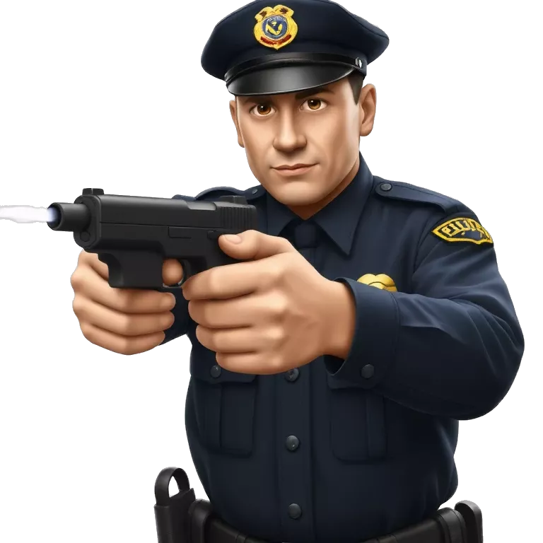 A realistic police officer in full uniform draws a taser and aims it with both hands. He shouts “TASER DEPLOYED!” just before pressing the trigger. Blue electric arcs spark from the taser.