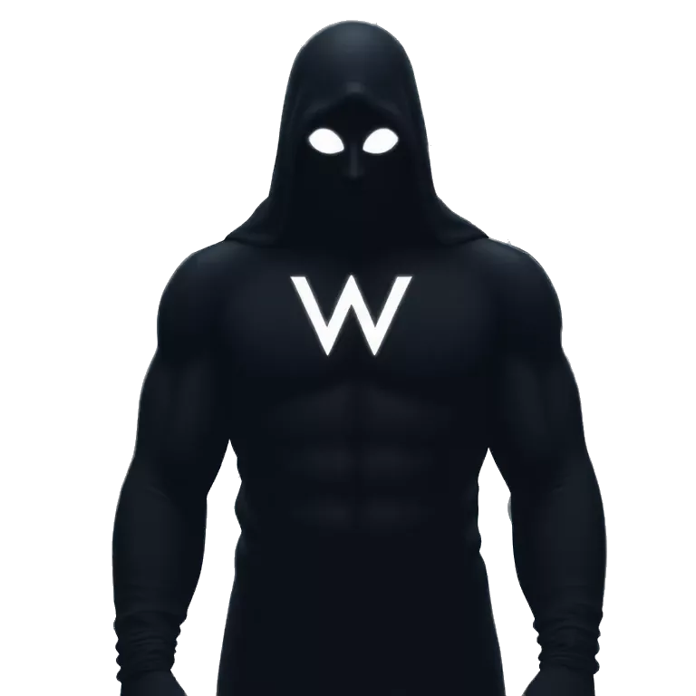 A shadowy humanoid figure with glowing white eyes stands in a creepy forest of twisted trees. Its body drips with darkness like black ink, and its presence feels otherworldly. Behind the figure, a ghostly “W” floats, glowing faintly in white mist.