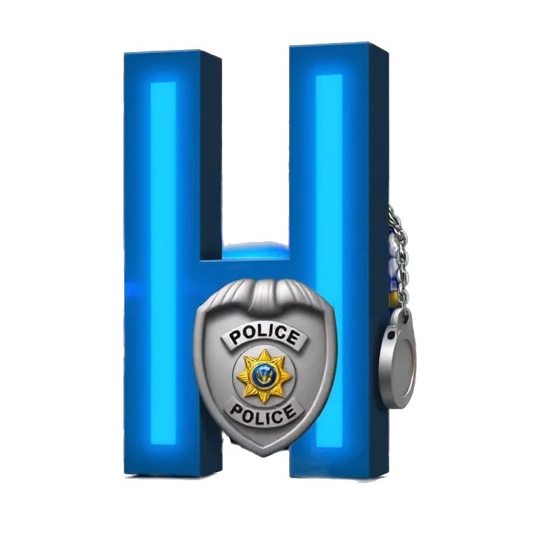 A bold 3D letter “W” glowing in blue and white, styled like police lights. Behind the W, flashing red and blue sirens illuminate a dark city background. A police badge is engraved into the letter, and a pair of handcuffs hangs off one side
