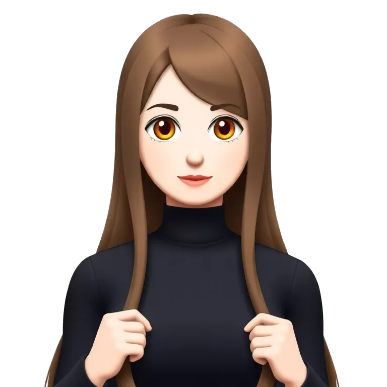 A cool character girl with long brown hair with a  black turtleneck