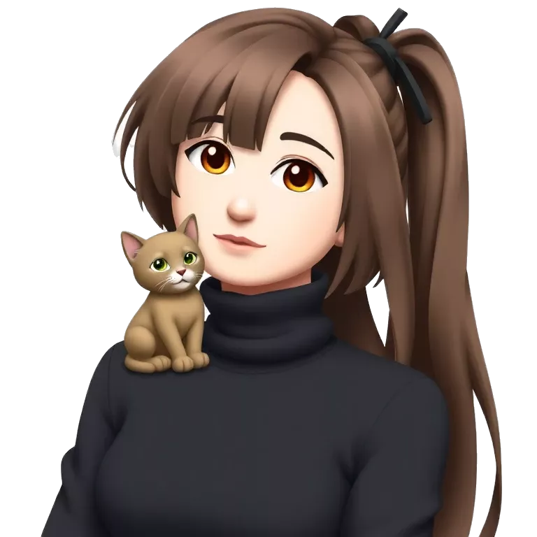 A cool character girl with long brown hair with a  black turtleneck with litle cat on shoulder