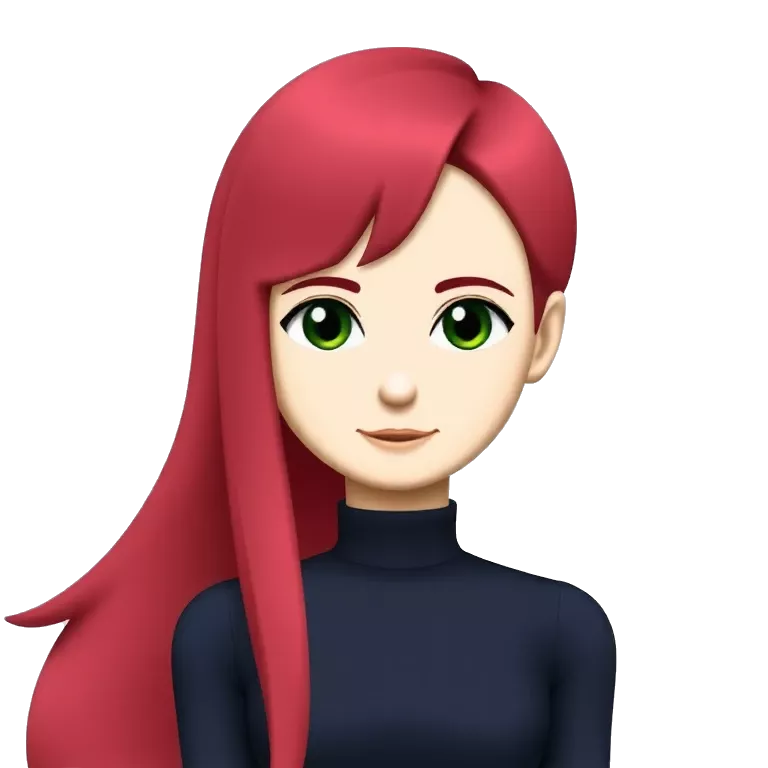 A cool character standing girl with red long hair with duct face smile with blue turtleneck