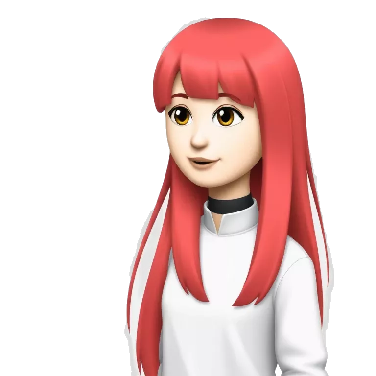 A cool character standing girl with red long hair with duct face smile