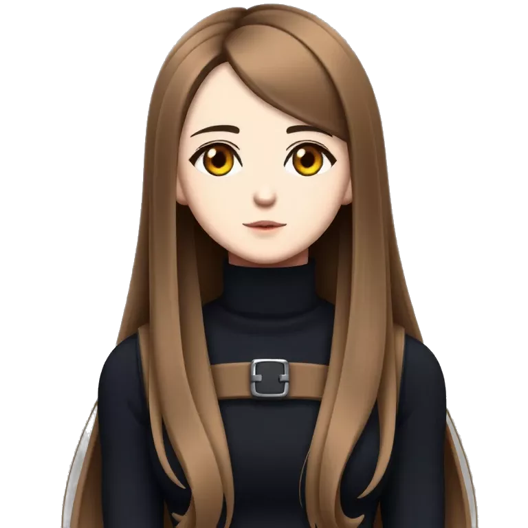 A cool character girl with long brown hair with a  black turtleneck