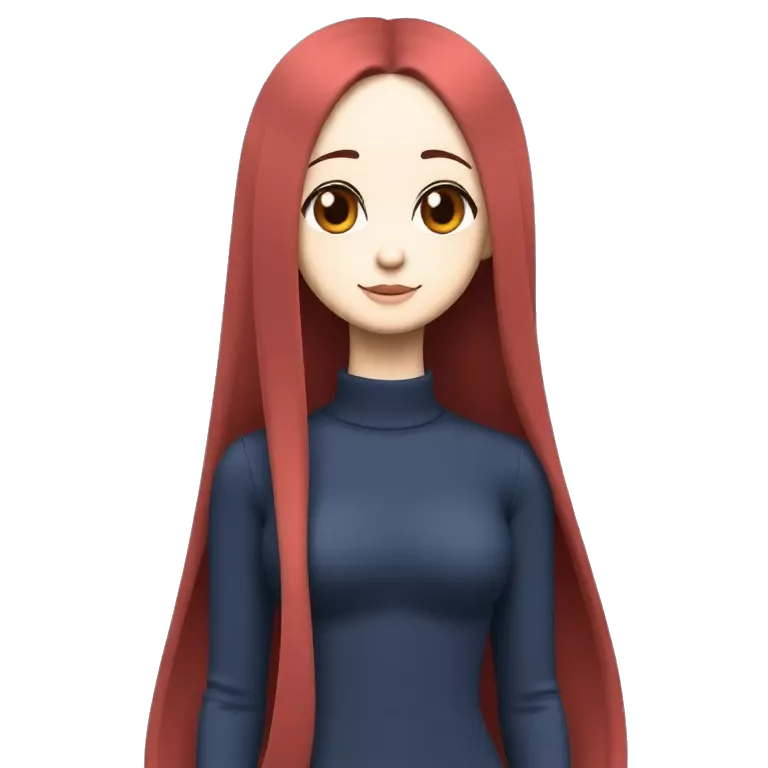 A cool character standing girl with red long hair with duct face smile with blue turtleneck