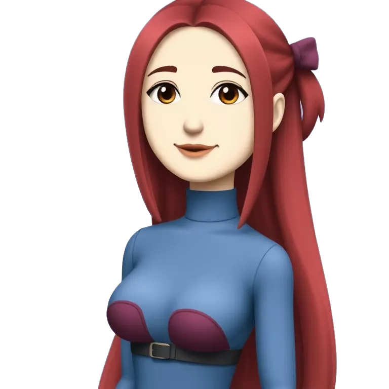 A cool character standing girl with red long hair with duct face smile with blue turtleneck