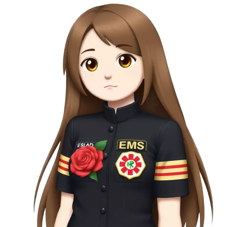 A cool character girl with long brown hairwith black dress with rose and EMS badge and clothes