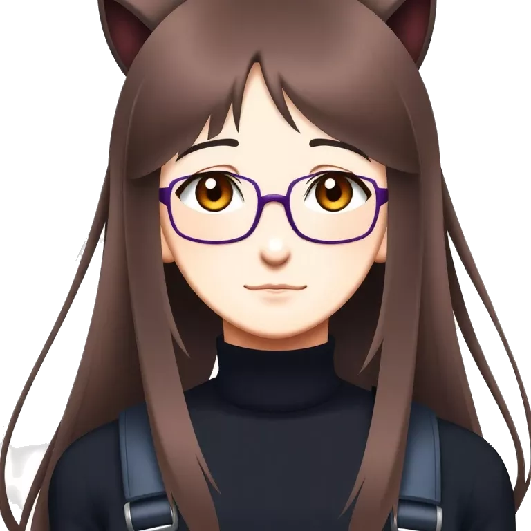 A cool character girl with long brown hair with a  black turtleneck