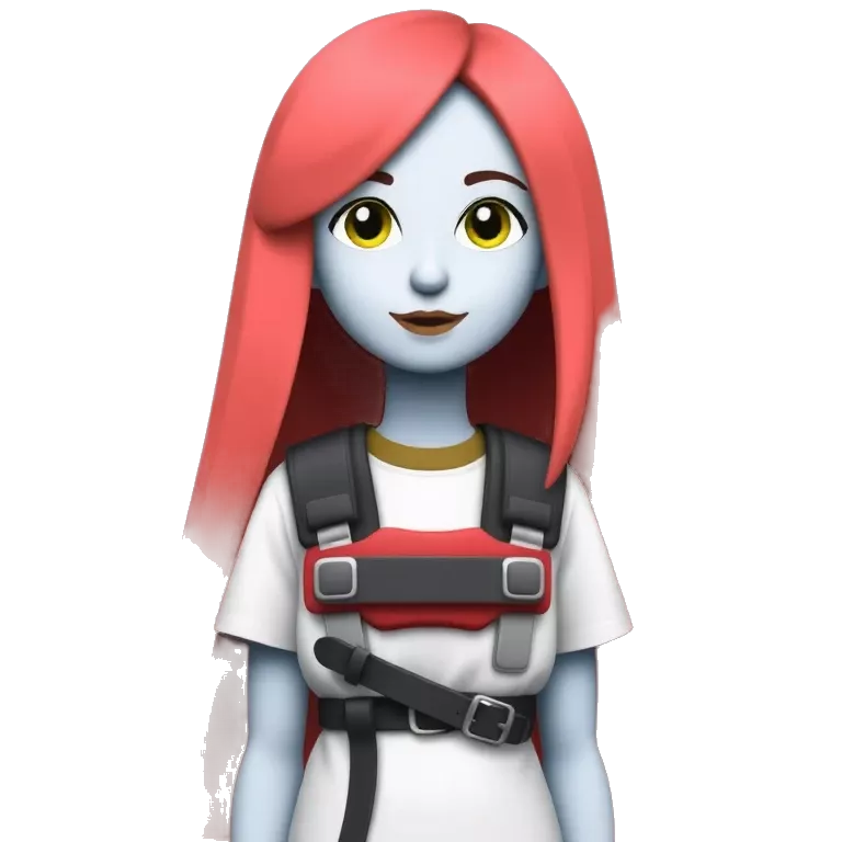 A cool character standing girl with red long hair with duct face smile