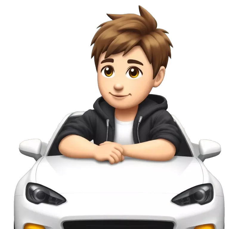 A cool character boy with brown short haircut with race white car
