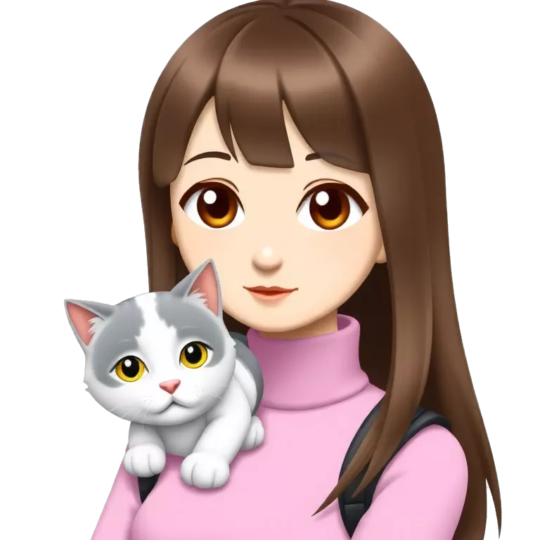 A cool character girl with long brown hair with a pink turtleneck with little cat on shoulder