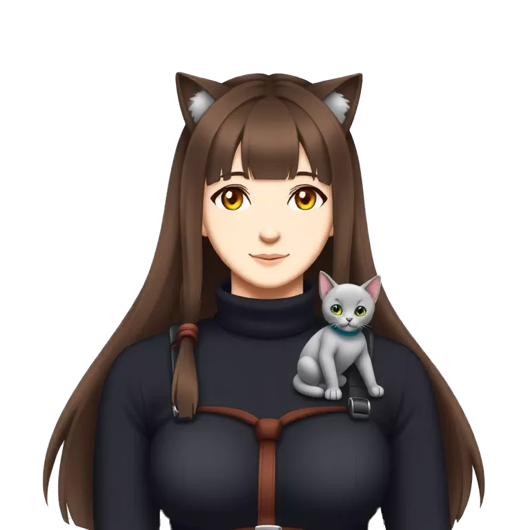 A cool character girl with long brown hair with a  black turtleneck with litle cat on shoulder